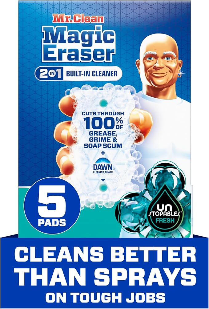 Mr. Clean Magic Eraser Foaming Sponge, All Purpose Cleaner, Dawn Cleaning Power, Wall, Sneaker, Oven Cleaner, Kitchen, Bathroom, Shower Cleaning Supplies, Scrubber, Ultra Foamy, 5ct