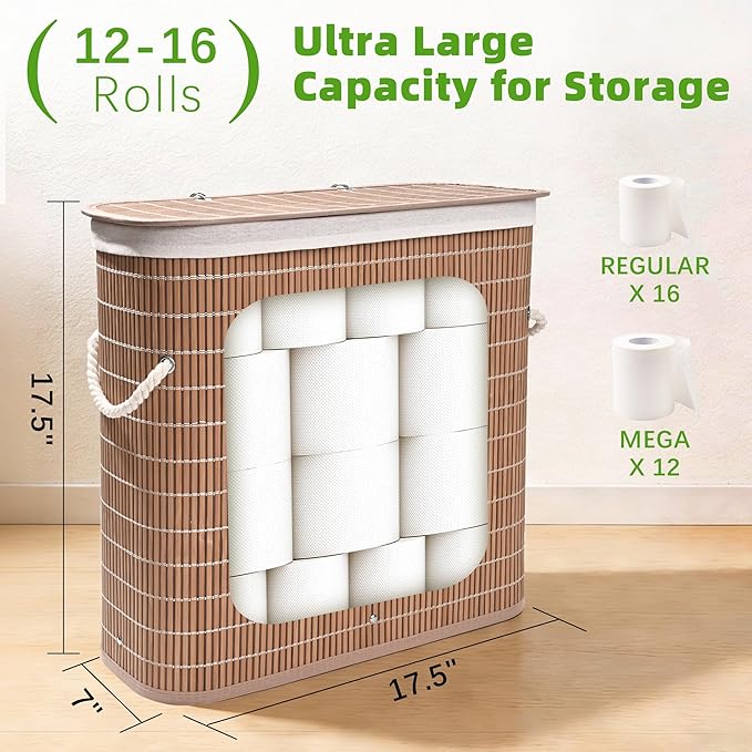 Livole Bamboo Toilet Paper Storage with Lid - 16 Regular Rolls or 12 Mega Rolls 36L Large Capacity Natural Toilet Paper Basket Organizer for Bathroom