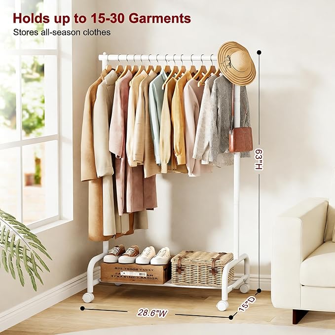 SLEEPING LAMB Heavy Duty Clothing Racks for Hanging Clothes, Small Rolling Clothes Rack with Wheels, Sturdy Garment Wardrobe Rack for Bedroom, Laundry Room, White