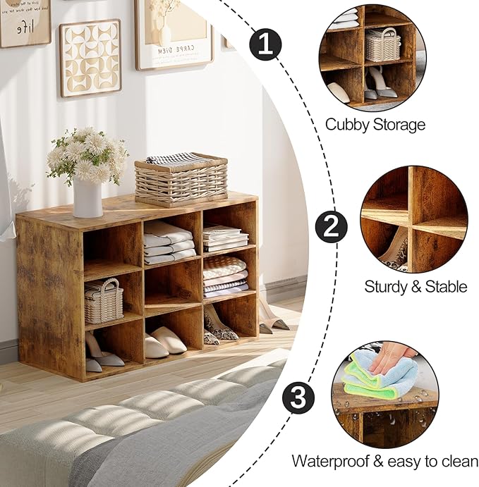 Garden 4 you Shoe Storage Bench, Cubby Shoe Rack with 9 Cubbies, 3-Tier Wood Shoe Rack Organizer, Shoe Organizer Cabinet for Entryway, Hallway, Closet and Garage, Brown