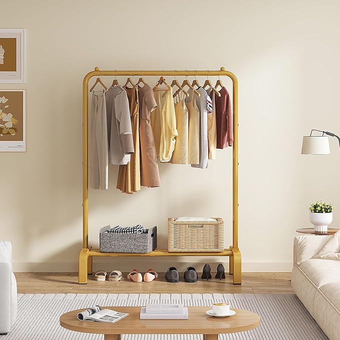 JIUYOTREE Standard Clothes Clothing Garment Rack with Storage Shelves Clothes Organizer for Hanging Clothes Coat Jacket Shirt Sweater Jeans Gold