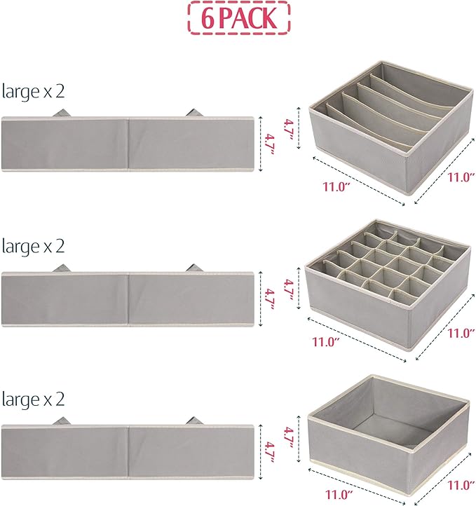 DIOMMELL Set of 6 Foldable Cloth Storage Box Closet Dresser Drawer Organizer Fabric Baskets Bins Containers Divider for Clothes Underwear Bras Socks Lingerie Clothing, Grey 22-2000