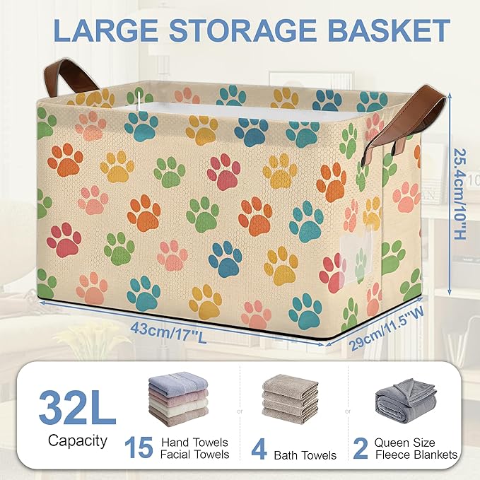 Colorful Cat Dog Paws Collapsible Storage Box,Organizer Bin with Handles for Room Decoration,Bins Book Basket Box 17x11.5x10Inch