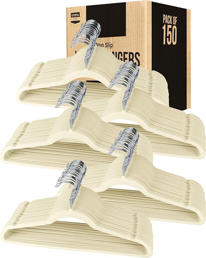 Utopia Home Velvet Hangers 150 Pack – Luxury Non-Slip Slim Pant & Coat Hangers, Strong Space-Saving Clothes Hangers with Pants Bar and 360° Swivel Hook – Ivory