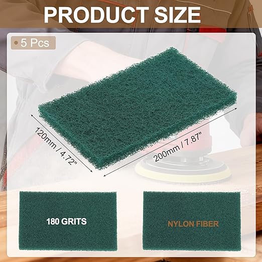 uxcell 5Pcs Scrubber Scouring Pad, 7.9 x 4.7 Inch 180 Grits Drill Power Brush Rectangle Scrub Pads Discs Polishing Pad for Household Furniture Automotive Cleaning, Green