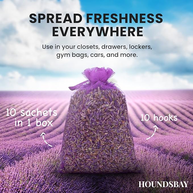 10 Lavender Sachet Bags, Fully Stuffed Scented Sachets with Hanger Hooks, Perfect for Closets, Drawers, Cars, Gym Bags, or Anyplace that Needs to Smell Better
