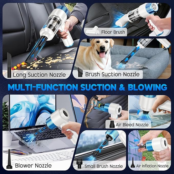 JONYJ Handheld Car Vacuum Cleaner, 16000PA Hand Held Vacuum Portable Cordless, 2 in 1 Air Duster and Vacuum Cleaner with LED Light, Multi-Nozzles, 120W High Power Mini Vacuum for Home, Pet, Office