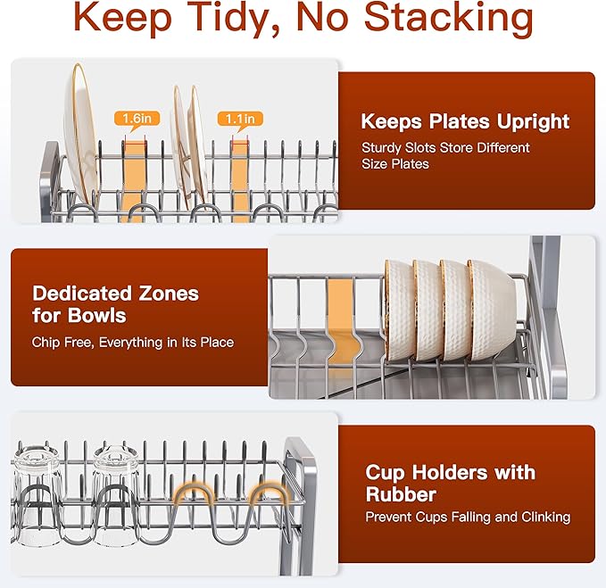 2 Tier Dish Drainer Drying Rack for Kitchen Counter Large Stainless Steel Dishes Drain with Drainboard Set, Space Saving, Big Modern Black Countertop Metal Plate Dryer Strainer Holder and Extra Tray