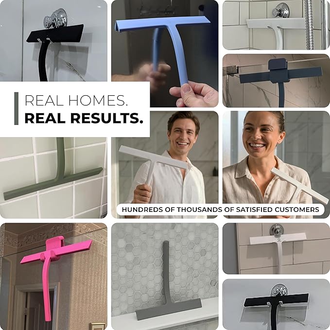 GÜTEWERK Silicone Shower Squeegee for Glass Doors & Mirrors with Stainless Steel Core, Streak-Free & No-Squeak Window Cleaning, 3-in-1 No-Drill Mount (Hook/Suction/Adhesive),White, 9 Inches