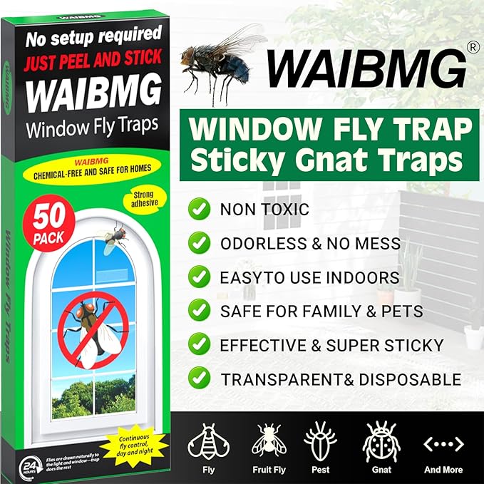 50 Pack Window Fly Traps Sticky Non-Toxic Clear Fly Paper Indoor for Home. No Mess Flies Window Sticky Traps Bug Flies Strips Indoors