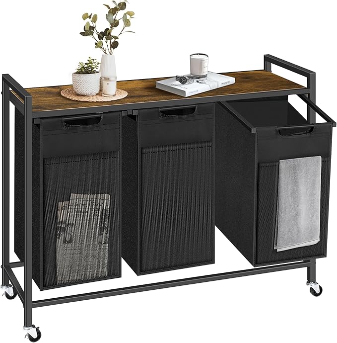 Laundry Hamper with Shelf, Laundry Basket with 3 Pull-Out Removable Bags, 3x 10.6 Gallons(120L), Metal Frame, Lockable Wheels, for Laundry Room and Bedroom