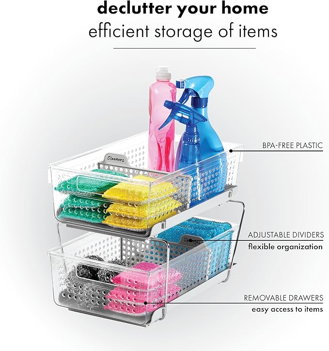 madesmart 2 Tier Organizer, Under Cabinet Storage with Pull Out Sliding Drawers, for Cleaning Supplies, Undersink, Sponges, Bottles & Bath, Adjustable Dividers & Pull Out Baskets, Grey