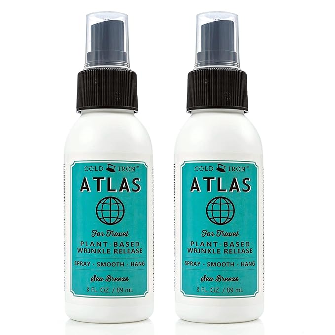 Cold Iron Wrinkle Release Spray for Clothes. Atlas Travel Size 3 fl oz/89 ml. Light Summery Scent. Ironing Alternative. Spray, Smooth, Hang.