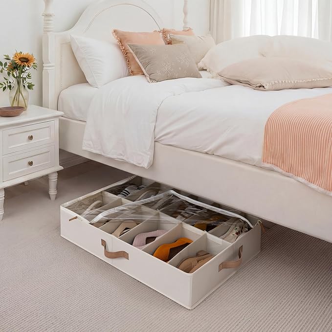 StorageWorks Shoe Organizer for Closet, Fits up to 24 Pairs, 2-Pack Ultra-thick Fabric Under Bed Shoe Storage Containers with Bottom Support and Adjustable Dividers, Beige