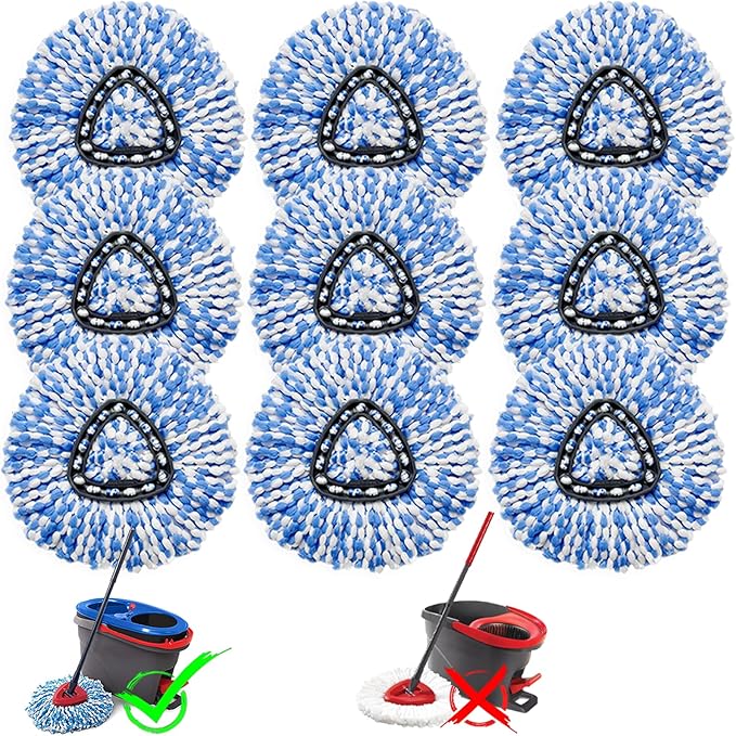 9 Pcs Spin Mop Replacement Heads, 360° Easy Wring Spin Mop 100% Microfiber Refill, Easy Cleaning Spin Mop Heads, 2 Tank System Replace Head for Easy House Cleaning Floor Mopping, Blue&White