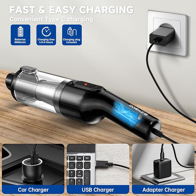dormzie Handheld Vacuum Cordless, 16000Pa Powerful Suction, Lightweight at 1.3 lbs, Type-C Charge, Multiple Accessories, Rechargeable Car Vacuum Cleaners for Home Office Pet