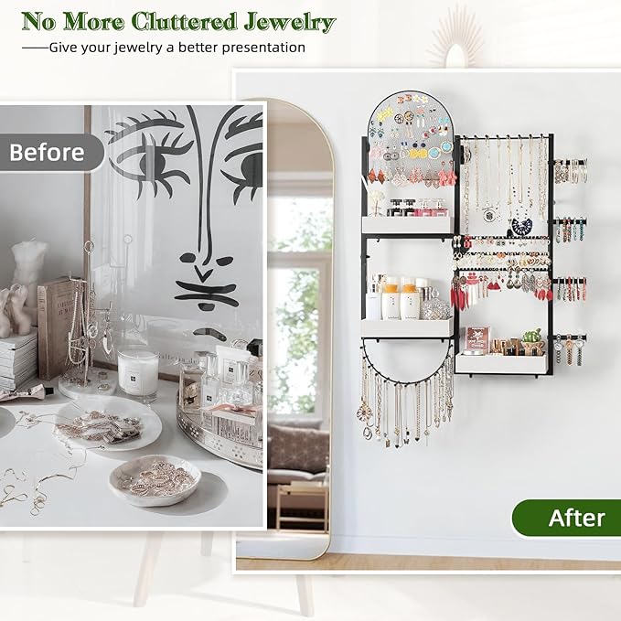 Keebofly Wall Mount Hanging Jewelry Organizer - Large Display Holder for Earrings, Rings, Necklaces, Bracelets, Watches and Perfume - White