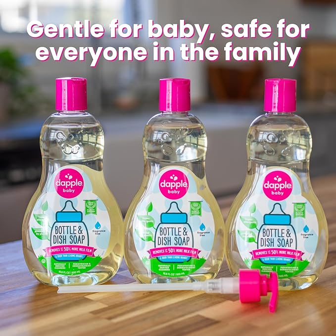 Dapple Baby Bottle Soap, Hypoallergenic Dish Soap for Baby Bottles, Powered by Plants, 1 Pump Included, Packaging May Vary, Fragrance Free, 16.9 Fl Oz (Pack of 3)