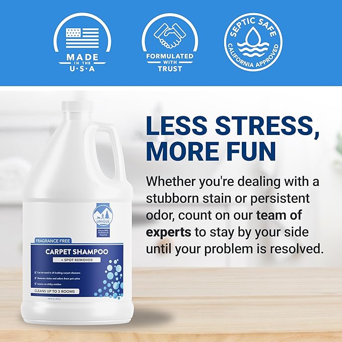 Unique Carpet Shampoo & Stain Remover, 128 oz - Pet Odor Eliminator and Bacteria and Enzyme Cleaner for Cat Urine, Dog Urine, Red Wine, Old Stains - Carpet Cleaner Spray for Machines & Manual Use