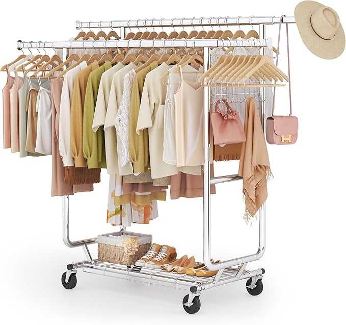 Gewudraw Heavy Duty Clothes Rack Load 900 Lbs, Double Rod Rolling Clothing Rack With Sturdy Wheel And Shelves，Adjustable Portable Hanging Rack For Clothes,Silver Stainless Steel