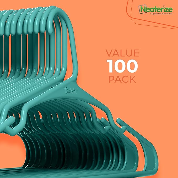 NEATERIZE Clothes Hangers Plastic 100 Pack for Adults - Plastic Hangers, The Perfect Coat Hanger and Space Saving Clothes Hangers for Closet - Aqua Hangers
