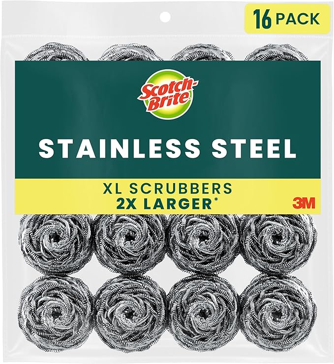 Scotch-Brite Stainless Steel Scrubbers, Scouring Pads for Cleaning Tough Baked-On Messes, Metal Scrubbers for Cleaning Dishes, 16 Scrub Pads