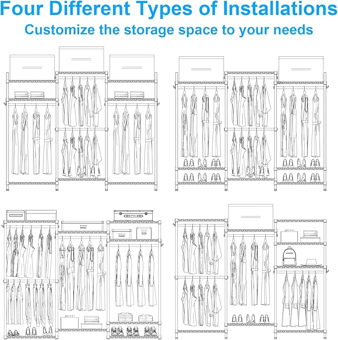 Ulif E13 Heavy Duty Clothes Rack（With 4 Hanger Rods & 8 Shelves） Freestanding Clothing Racks for Hanging Clothes，Adjustable Closet Organizer，Metal Garment Rack 63" W x16 D x77 H，Max Load 900LBS，Black