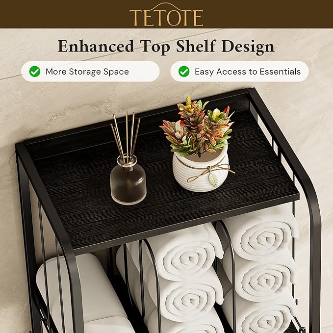 TETOTE 5-Tier Towel Storage for Bathroom Free Standing Towel Rack with M-Shaped Detachable Dividers& Hooks, Pool Towel Organizer Shelf Black