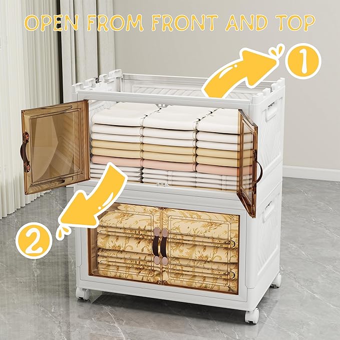 Storage Bins with Lids and Wheels, 330QT-165QT*2Tier Collapsible Bathroom Storage Cabinet with Clear Doors, Plastic Stackable Closet Organizers and Containers White