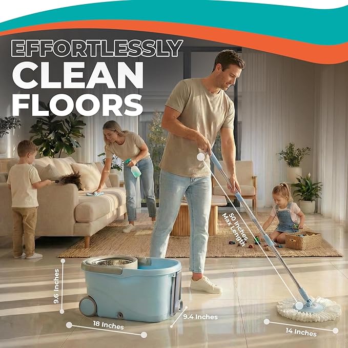 Grazie Spin Mop & Bucket Set - 360° Self-Wringing System with Wheels, Stainless Steel Handle - Hands-Free Floor Cleaning for Hardwood, Tile, Laminate - Includes 6 Washable Microfiber Mop Head Refills