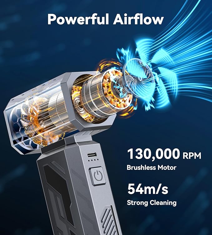Compressed Air Duster, 130000RPM Electric Air Duster Brushless Motor with Stepless Speed Adjustable, Rechargeable Fast Charging Cordless Mini Air Blower for PC, Keyboard, Car, Home & Outdoor (Grey)