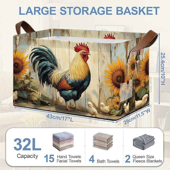 Retro Rooster Storage Basket with Handles,Chicken Sunflower Collapsible Rectangle Organizer Bin for Room Decoration Books Box Baskets 17x11.5x10Inch