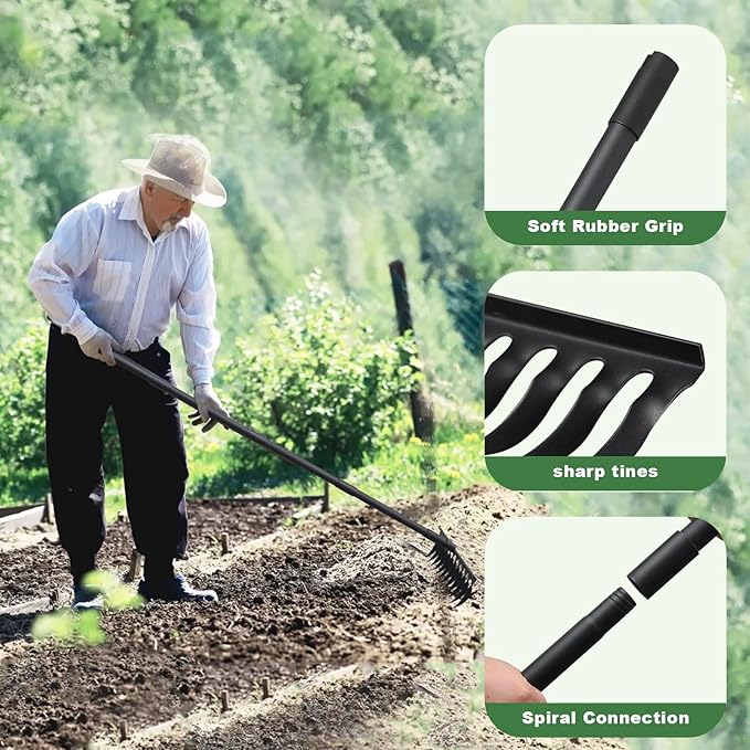 60" Bow Rake 12 Tines Metal Head Rakes with Adjustable Handle, Thatch Rake for Gathering Thatch Loosening Soil Leveling Lawn Farming Land