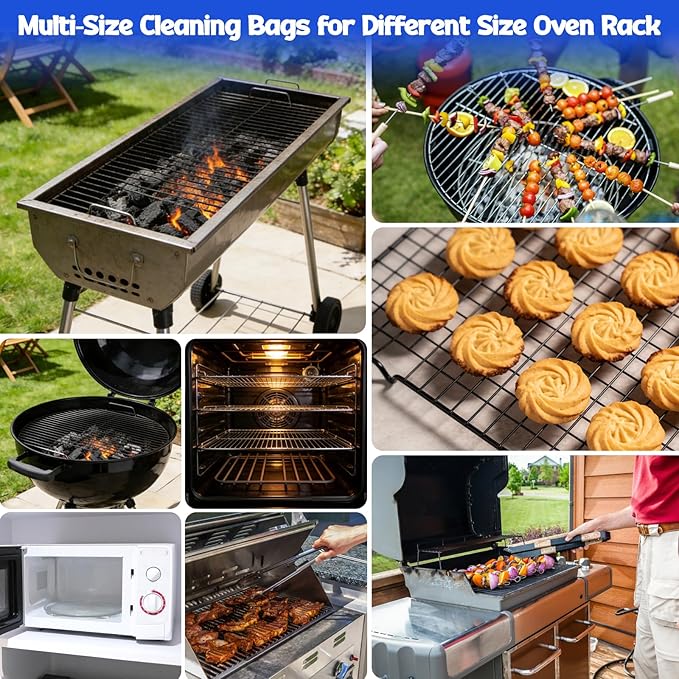 Juome Oven Rack Cleaning Bags, 5 Pack Reusable No Scrub Oven Rack Cleaning Bags Kit with 6 Gloves & 1 Brush, Leak Proof PE Bags (23.6*35.4inch & 31.5*39.4inch) for Deep Soaking BBQ Racks, Grill Grates