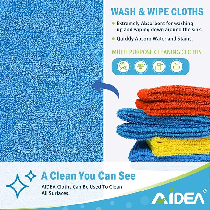 AIDEA Microfiber Cleaning Cloth, 5PK, Soft Absorbent Rags, Microfiber Towels for Cars, Kitchen Towels, Dusting Cloth for Home, Window, Cleaning Supplies, 12"×12"