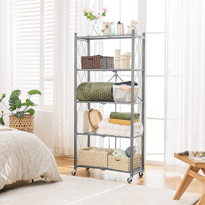 BRIAN & DANY 5-Tier Foldable Storage Shelves with Wheels, Folding Metal Rack Shelving Unit, Heavy Duty No Assembly Organizer Shelf for Garage, Kitchen, Basement, Pantry, Gray