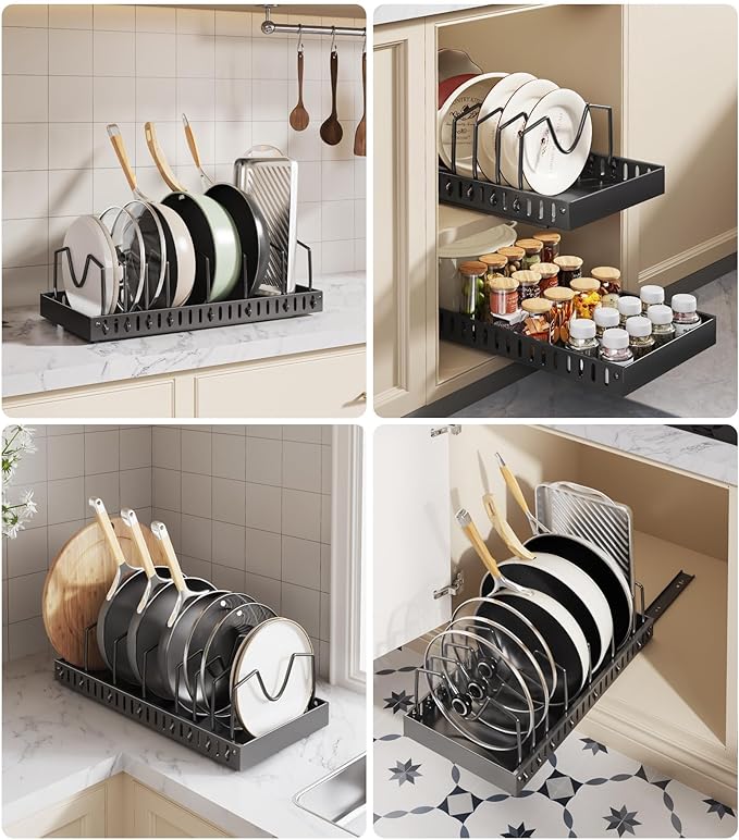 Lozovin Pull Out Pots and Pans Organizer Under Cabinet, Sliding Lid Holder and Pan Rack in Kitchen, Slide Out Inside Cabinet Storage for Pot Lid, Bakeware, Dishes, 8 Adjustable Dividers, 2 Pack Black