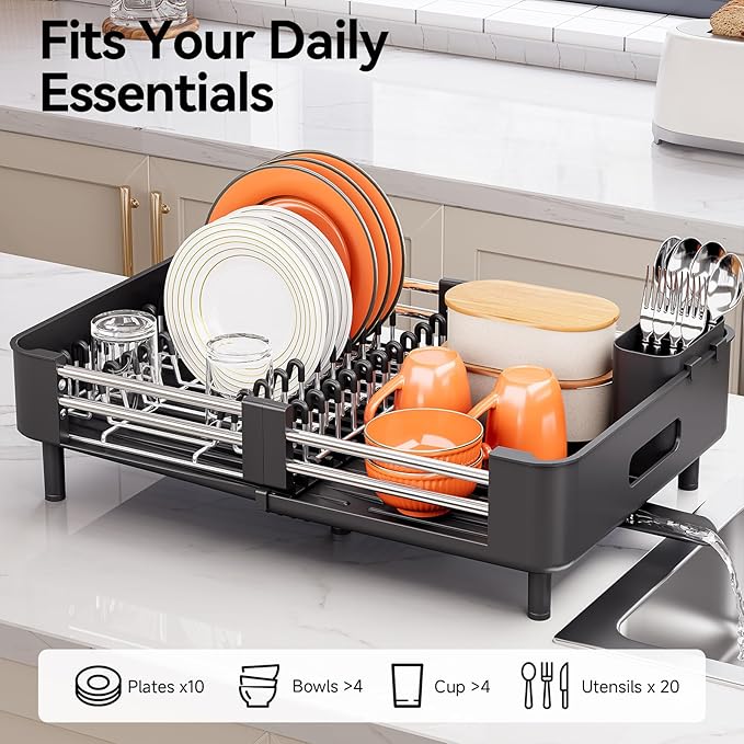 Urackify Stainless Steel Dish Drying Rack - Dish Drainer for Kitchen Counter, Extendable Drainboard with Foldable, Space-Saving Cup & Bowl Organizer, Includes Knife and Utensil Holder, Black