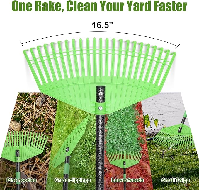 Plastic Leaf Rake with Adjustable 65'' Handle - Lightweight Outdoor Yard Rakes for Leaves,Grass & Pine Needle,Mulch,Gentle On Lawn Garden - Easy to Use for Women,Seniors & Kids