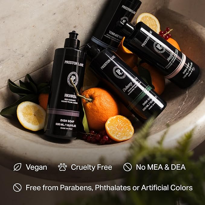 Preston Lane Luxury Dish Soap, Highrise Scent | Plant Powered Formula with Essential Oils | Tough on Grease, Gentle on Hands | Vegan, Cruelty Free, Clean Ingredients