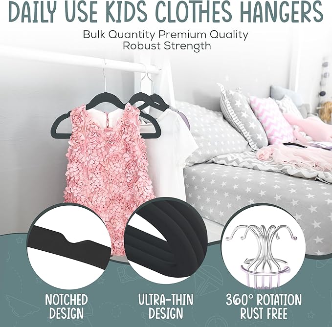 TechZoo 50 Premium Kids Velvet Hangers - 14" Non-Slip Clothes Hangers for Kids & Preteens - Ultra Slim, Space-Saving, Strong & Durable Hangers with 360° Swivel Hook - Black