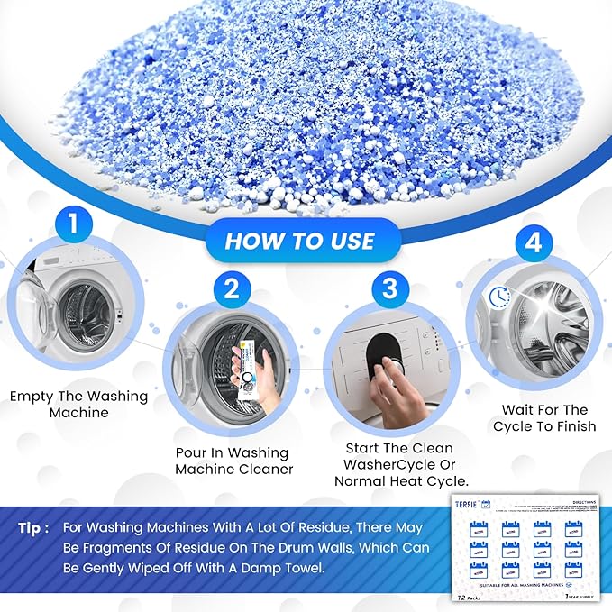 Washing Machine Cleaner Pre-Portioned Powder Tablets for Top Load & Front Load Washers, Odor-Removing, Detergent-Buildup Dissolving, Easy-Dissolve Maintenance Cleaner-12 Pack