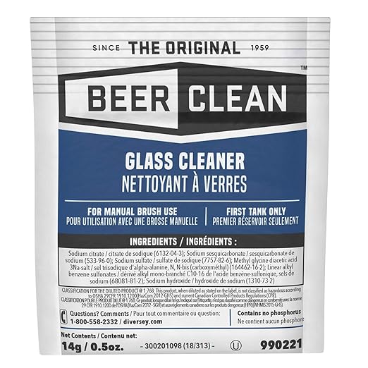 BEER CLEAN Diversey Bar Glass Cleaner, 0.5 oz Packets (100-Pack) – Concentrated Powdered Compound for Hot/Cold Water, Odorless Detergent, No Residue, Use for Manual Brush 3-Sink Systems, 990221
