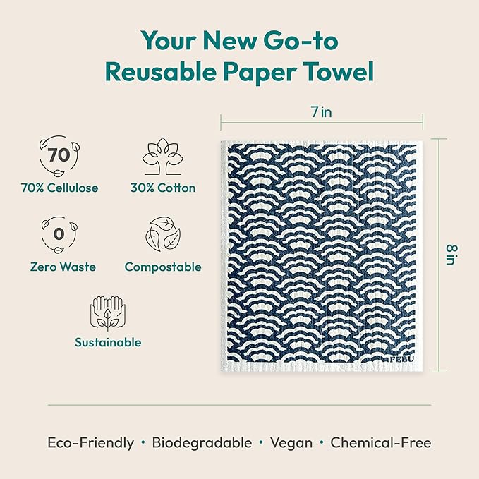 FEBU Swedish Dishcloths for Kitchen | 5 Pack Stamps Reusable Paper Towels Washable | Swedish Dish Towels | Non-Scratch Cellulose Sponge Cloths | No Odor, Biodegradable Cleaning Cloths