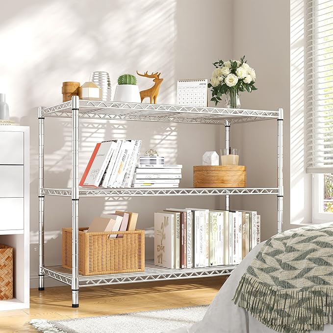 3- Shelf Metal Shelving Unit 35.6Wx14Dx36H,Adjustable Storage Shelves Heavy Duty Garage Steel Shelving for Office,Wire Rack Small Shelf for Kitchen Shelves Laundry Bathroom Pantry Closet,Chrome,2pc