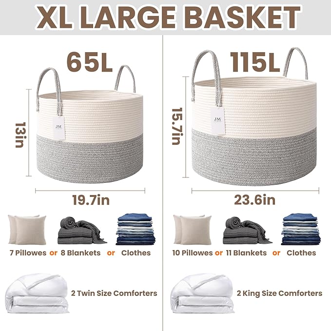 JMvicyroam 65L Extra Large Blanket Basket for Living Room - Woven Cotton Rope Laundry Hamper with Reinforced Handles - Storage Bin for Pillows, Comforters & Toys - Machine Washable,White&Grey