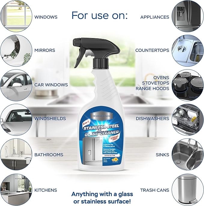 Wonderson 2-In-1 Stainless Steel & Glass Cleaner 16 Ounces - For Use On Appliances, Countertops, Sinks, Stovetops, Dishwashers, Windows, Bathrooms, Cars, & More!