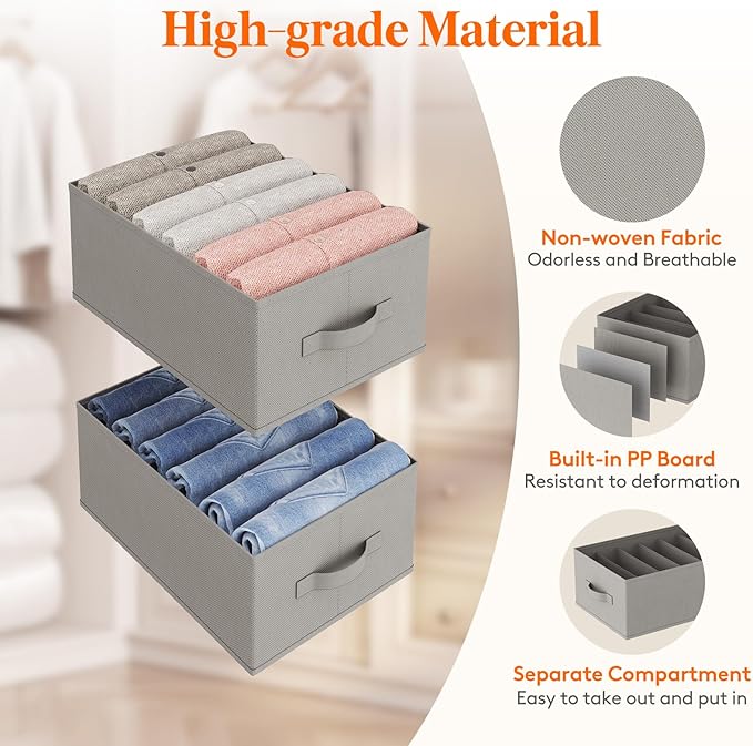 Lifewit 6 Pack Clothes Organizer, 6 Grids Closet Jean Storage Bins with Handles and Support Boards, Foldable Drawer Organizer for Sweater, Pants, T-shirt, Dress, Grey, 42 x 27 x 17 cm/16x10x7''