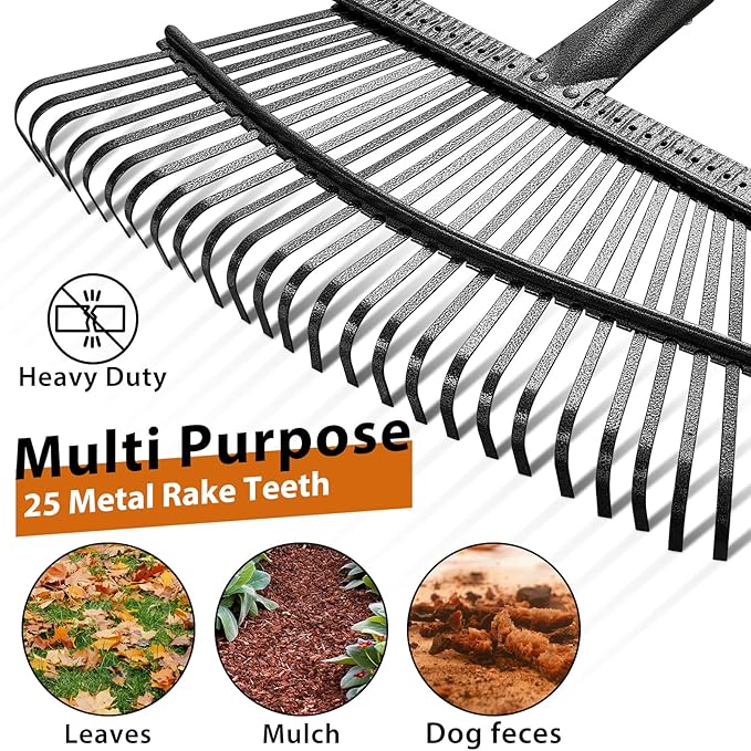 Rake for Leaves: Large 18" Wide Metal Leaf Rake, 65” Long Handle,25 Tines,Heavy Duty Graden Rakes Set for Lawn Yard Pine Needles Mulch Thatch Debris Cleanup Set with 32Gallon Leaf Bags and Scoops