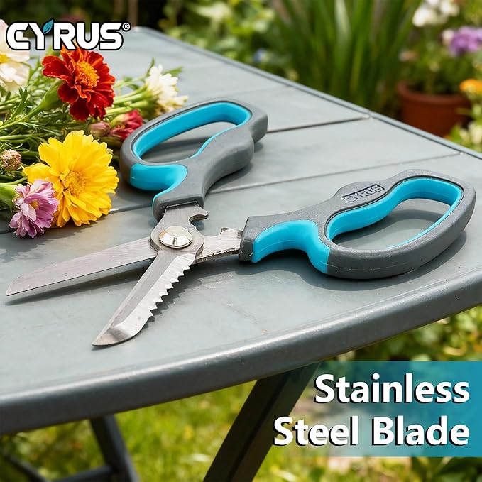 CYRUS Serrated Pruners Flower Scissors Floral Shears for Cutting Flowers,Garden Shears with Integrated Stab Remover,Florist Cutters Rose Snips,Blue
